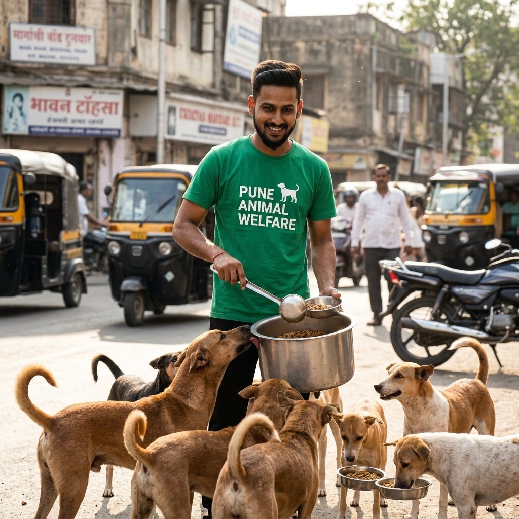 Akshay Samal feeding street dogs in Pune